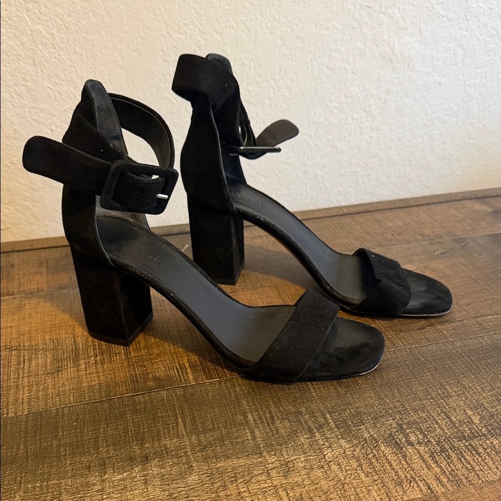 Vince Black Suede Block Heel Ankle Strap Sandals
